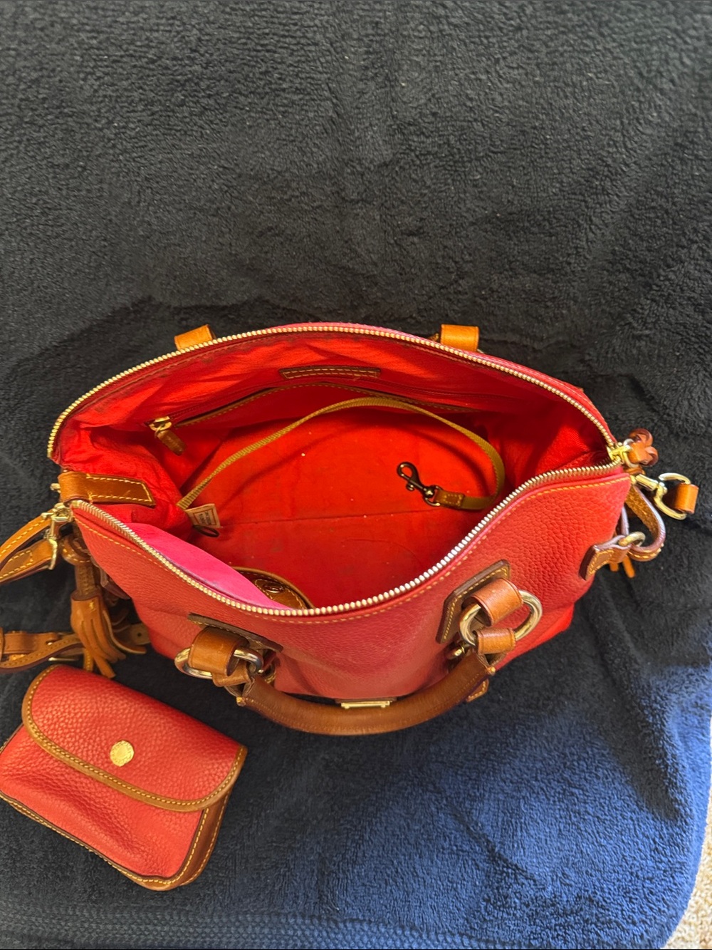 Dooney & Bourke Red Pebbled Leather Satchel with Tan Trim and Tassel - Picture 4 of 4